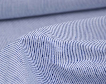 Tessuto di lino con cotone, a righe blu e bianche - larghezza 140 cm - tessuto effetto lino, a righe