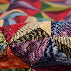 Decorative tapestry fabric with triangles in blue and red, firm, stable, geometric - 140 cm wide - matte fabric, geometric patterns
