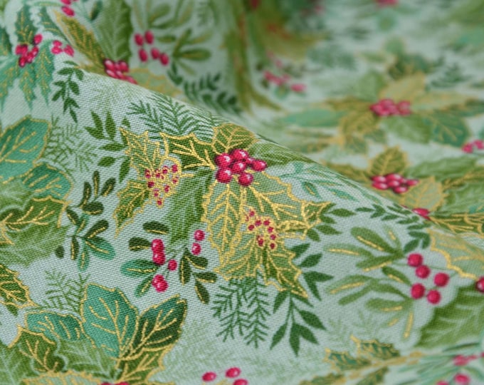 Christmas cotton fabric with branches and berries by Makower - 113 cm wide - smooth fabric, Christmas
