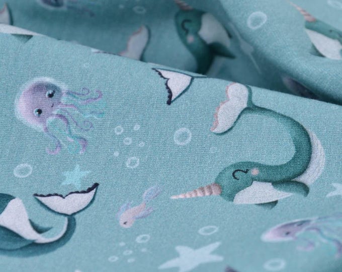 Children's jersey "Narwhal" with dolphins and stars by Hilco, petrol - 150 cm wide - matte fabric, animals