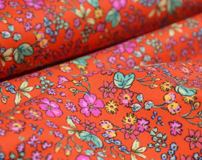 Evening wear cotton satin with flowers in red, green, yellow - 140 cm wide - patterned fabric