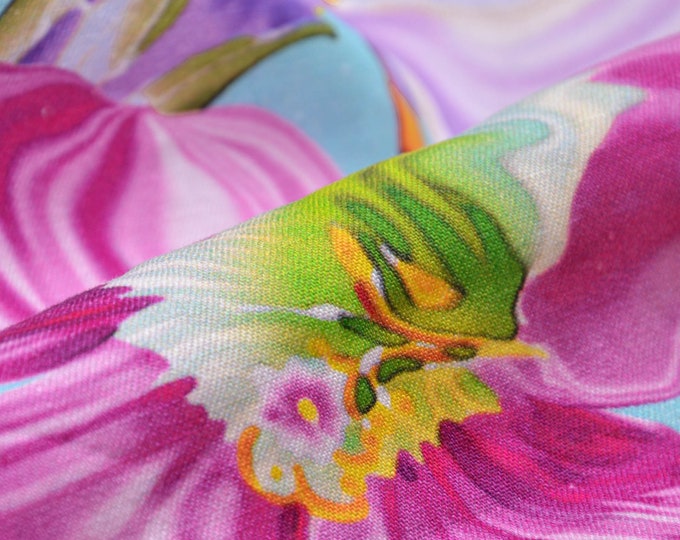 Leinenstoff aus Italien mit Blumen, pink, lila - 150cm breit - Stoff glatt gemustert