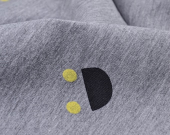 Kinderjersey grau meliert mit gelben Punkten, schwarz - 145cm breit - Stoff matt geometrische Muster