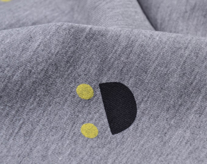 Kinderjersey grau meliert mit gelben Punkten, schwarz - 145cm breit - Stoff matt geometrische Muster