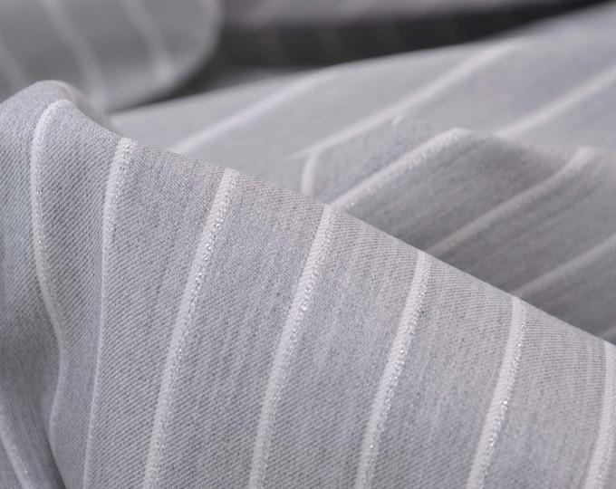 Trouser fabric with viscose in light grey with stripes in white, silver, glitter - 145 cm wide - fabric glittering, stripes