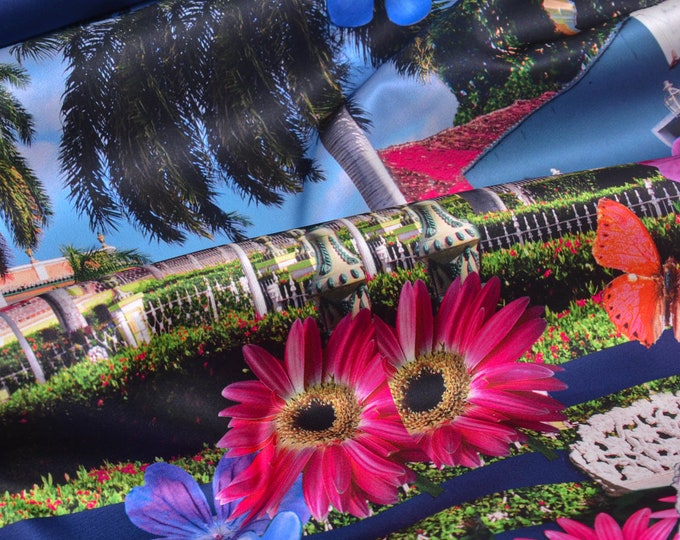 Designerstoff Panel (Stk 113cm), Satin mit Palmen, Blumen, Papagei, Sommer - 140cm breit - Stoff glänzend gemustert