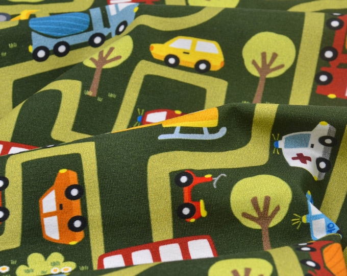 Children's jersey Much Traffic with cars, green by Hilco - 150 cm wide - smooth patterned fabric