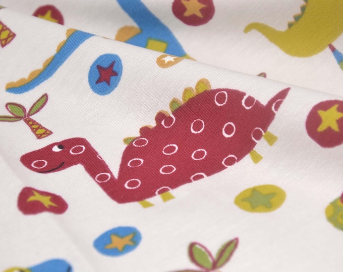 Children's jersey in white with dinosaurs, green, red, blue, made of cotton - 165 cm wide - smooth fabric, animals