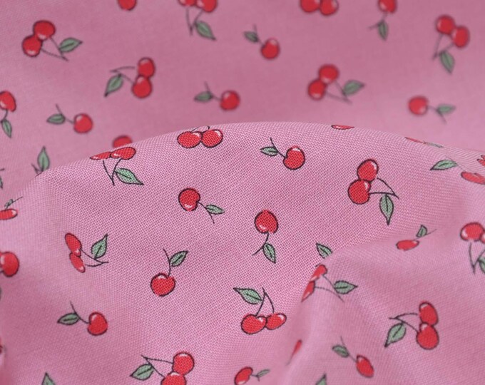 Cotton fabric printed with cherries, pink, red, green by Makower - 110 cm wide - smooth, patterned fabric