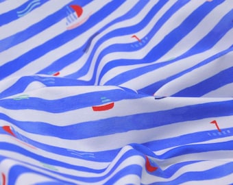 Children's jersey Maritime with blue stripes and boats made of cotton by Hilco - 150 cm wide - fabric smooth, stripes