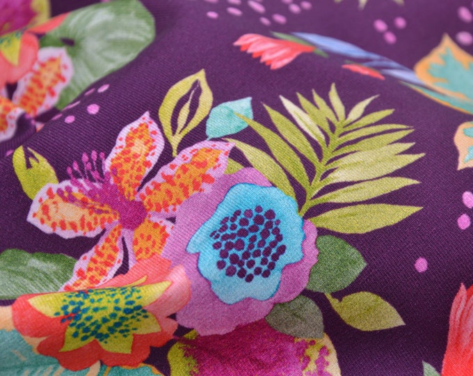 Kinderjersey Jungle Bouque Blumen, lila aus Baumwolle von Hilco - 150cm breit - Stoff matt, gemustert