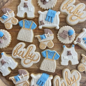 baby boy shower sugar cookies! neutrals, gold, light blue themed, sold per dozen, CUSTOMIZABLE . Baby onesie, crib, stroller, cookies