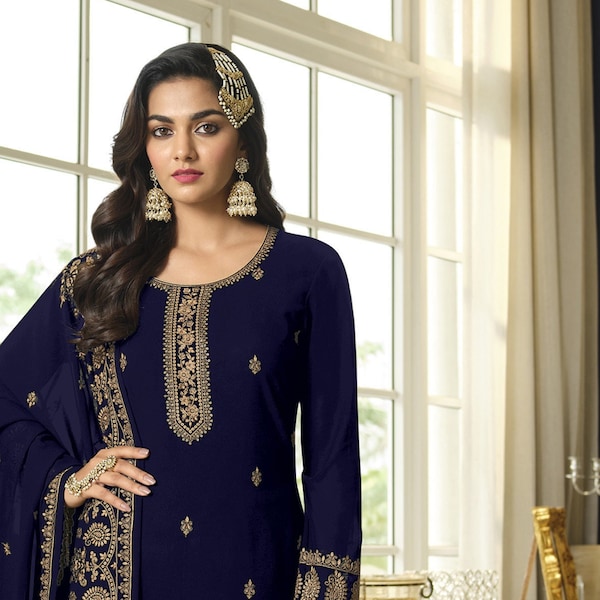 Navy Blue Pakistani Style Sarara Salwar Kameez Plus Size Embroidery Salwar Suit Long Sleeve Navy Blue Dress Gift For Her