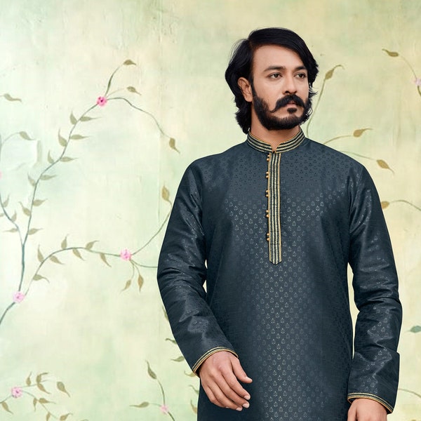 Wooden Neck Button Teal Blue Silk Jacquard Kurta For Men