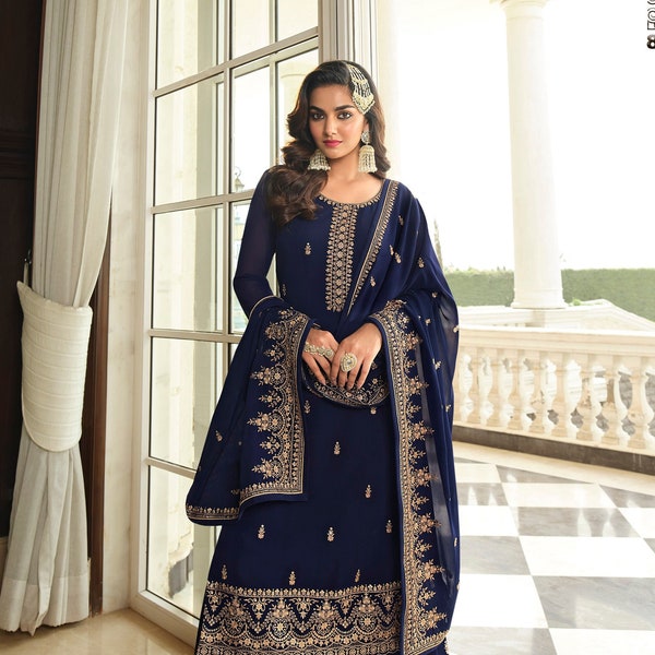 Party Wear Handmade Navy Blue Sarara Salwar Kameez With Designer Dupatta Customized Readymade Wedding Salwar Suit Pakistani Dress
