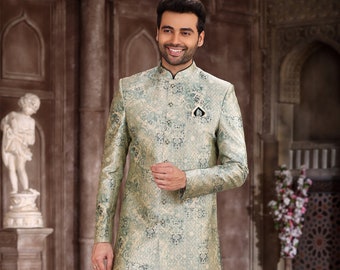 Light Green Silk Plus Size Pakistani Indowestern Sherwani for Groom - Jodhpuri Wedding Attire