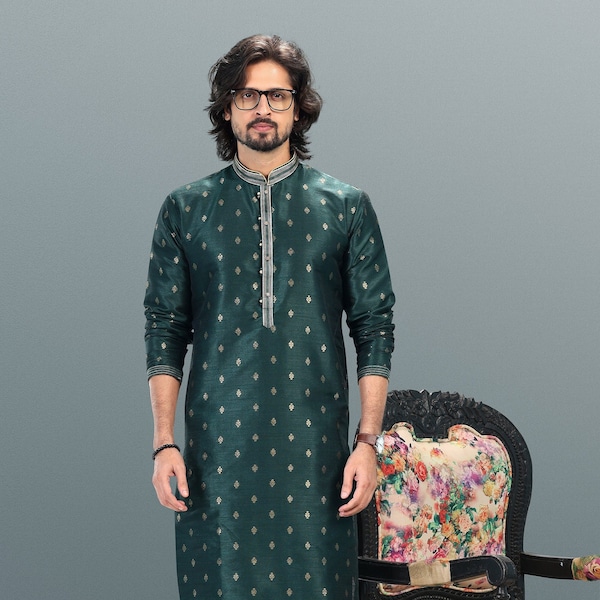 Dark Green Neck Embroidery Men Kurta Wedding Wear Men Kurta Pajama Customized Men Kurta Long Sleeve Kurta Pajama Traditional Kurta Pajama