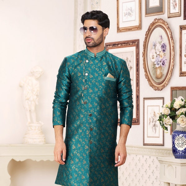 Teal Blue Wedding Groom Sherwani, Traditional Customized Men's Dhoti Sherwani,Bridal Groomsmen plus size sherwani, pakistani style Mens Suit