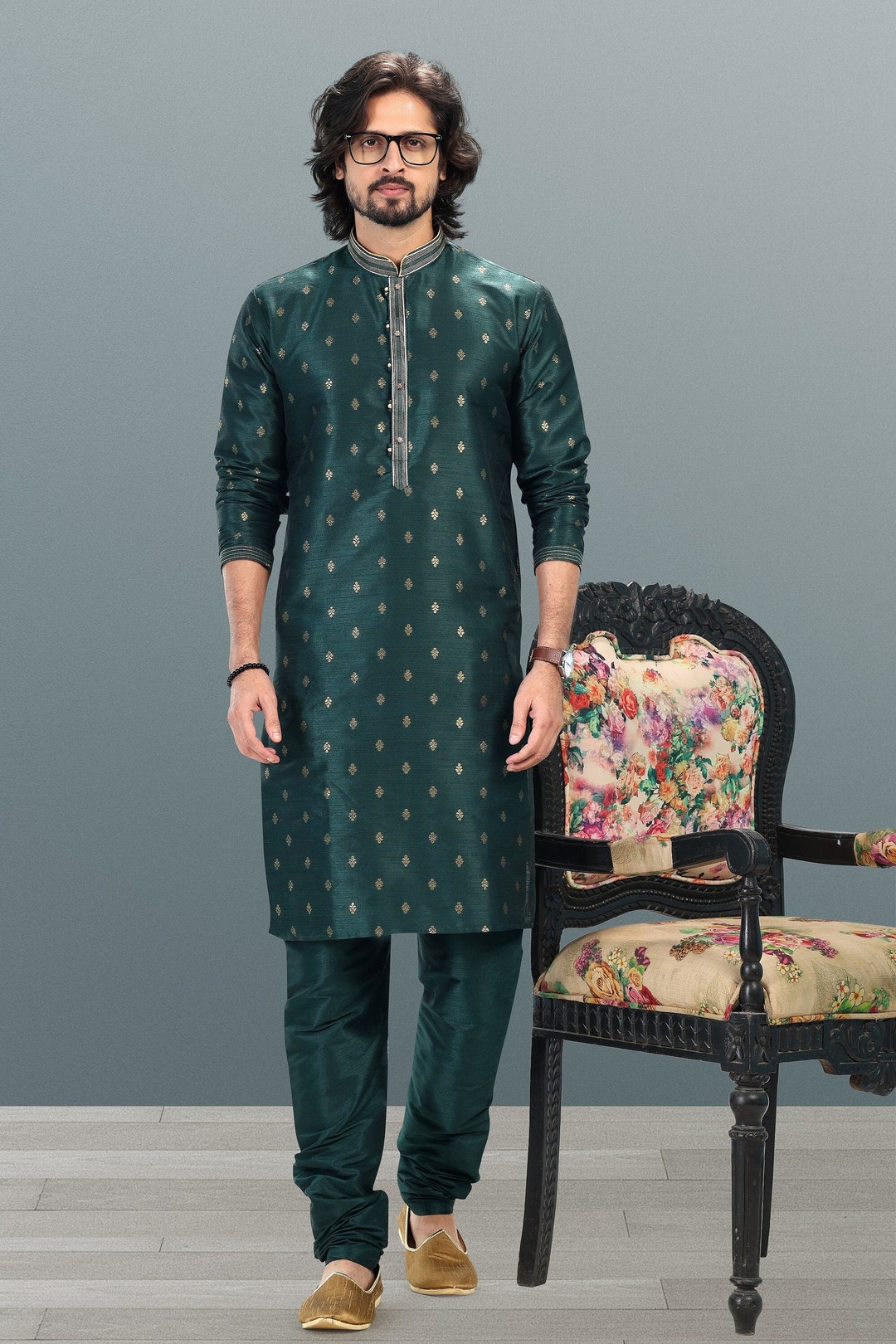 Dark Green Neck Embroidery Men Kurta Wedding Wear Men Kurta Pajama