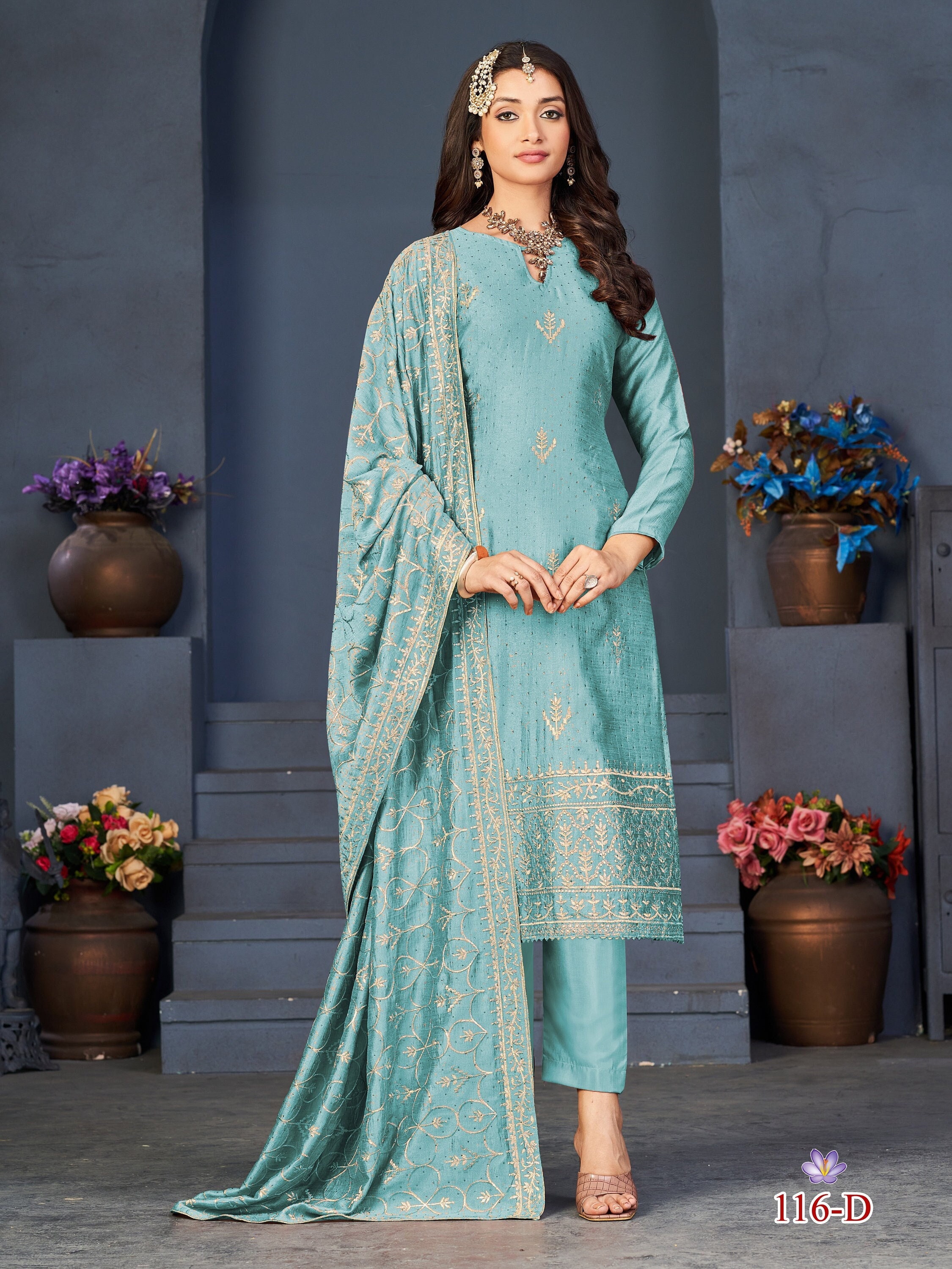 Buy Aegean Blue Thread Embroidered Silk Party Wear Salwar Kameez Online |  Samyakk