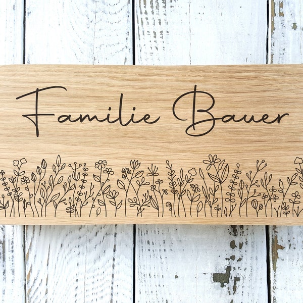 Hochzeitsgeschenk Schild, Namensschild haustür holz - Panneau cadeau de mariage, plaque signalétique Famille avec fleurs