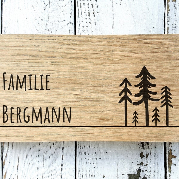 Nome Plated Fint Door Segno fatto di quercia solida, segno di legno personalizzato, cartello per nome della famiglia, targhetta anello del campanello - arredamento della parete della foresta