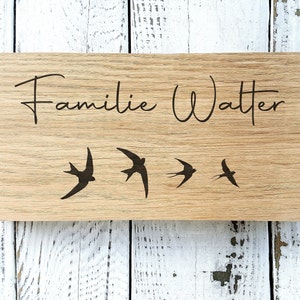 Türschild Familie Holz, Holzschild, Haustürschild, Namensschild Haustür, Türschild Personalizzalisiert mit die Schwalbe