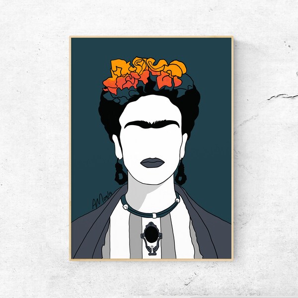 Art Print - "Kahlo Blue" by Anna Maria Garza, Frida Kahlo, Color block, Inspiring Women, Latino Art, Portrait, Minimalist Art, Mexican art