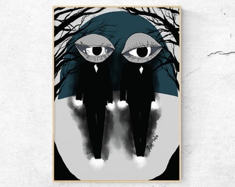 Art Print- "Haunted Eyes" by Anna Maria Garza, Halloween, Macabre, Inktober, Creepy costume, 1970s costume, Gothic art, Illustration, MIB