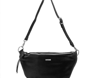 Zwart leren schoudertas, leren sling bag, grote zwarte echt lederen crossbody tas, leren borsttas dames, heuptasje, zwarte heuptas