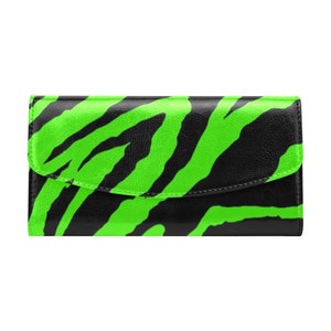 Cartera de tigre verde neon, Billetera solapa en animal print, Cartera grande de tigre, Cartera de animal print, cartera de mujer.