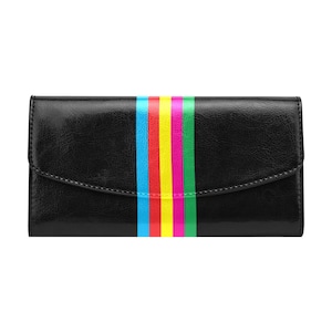 Cartera negra con rayas de colores, Billetera con solapa, Cartera grande, cartera con estampado, cartera de mujer. COLORS WALLET
