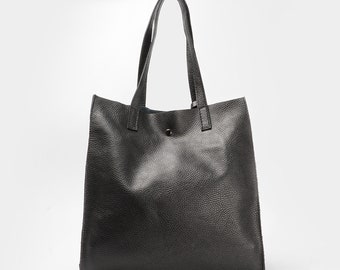 Genuine leather tote bag, Shopper bag, Black vertical bag.