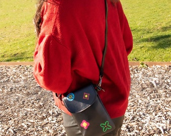 Black symbols phone bag, black and floral phone shoulder bag, symbols print phone bag, phone case, phone bag. SYMBOLS PHONE Bag