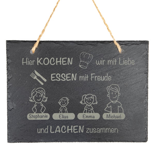 Familienschild mit personalisierbarer Gravur - Schiefer - Hier kochen wir mit Liebe