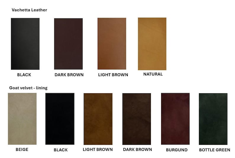 May include: Color swatches for leather and fabric. Vachetta leather swatches in black, dark brown, light brown, and natural. Goat velvet lining swatches in beige, black, light brown, dark brown, burgundy, and bottle green.