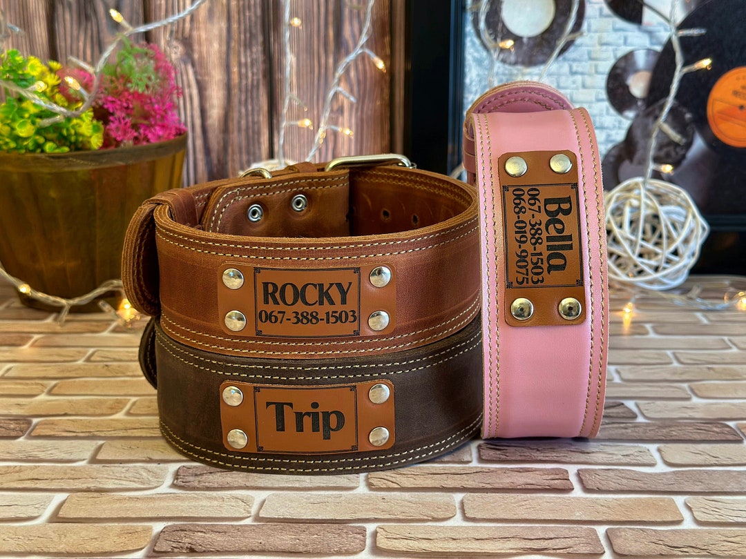 Personalized Leather Dog Collar, Thick Dog Collar, Engraved Leather Dog