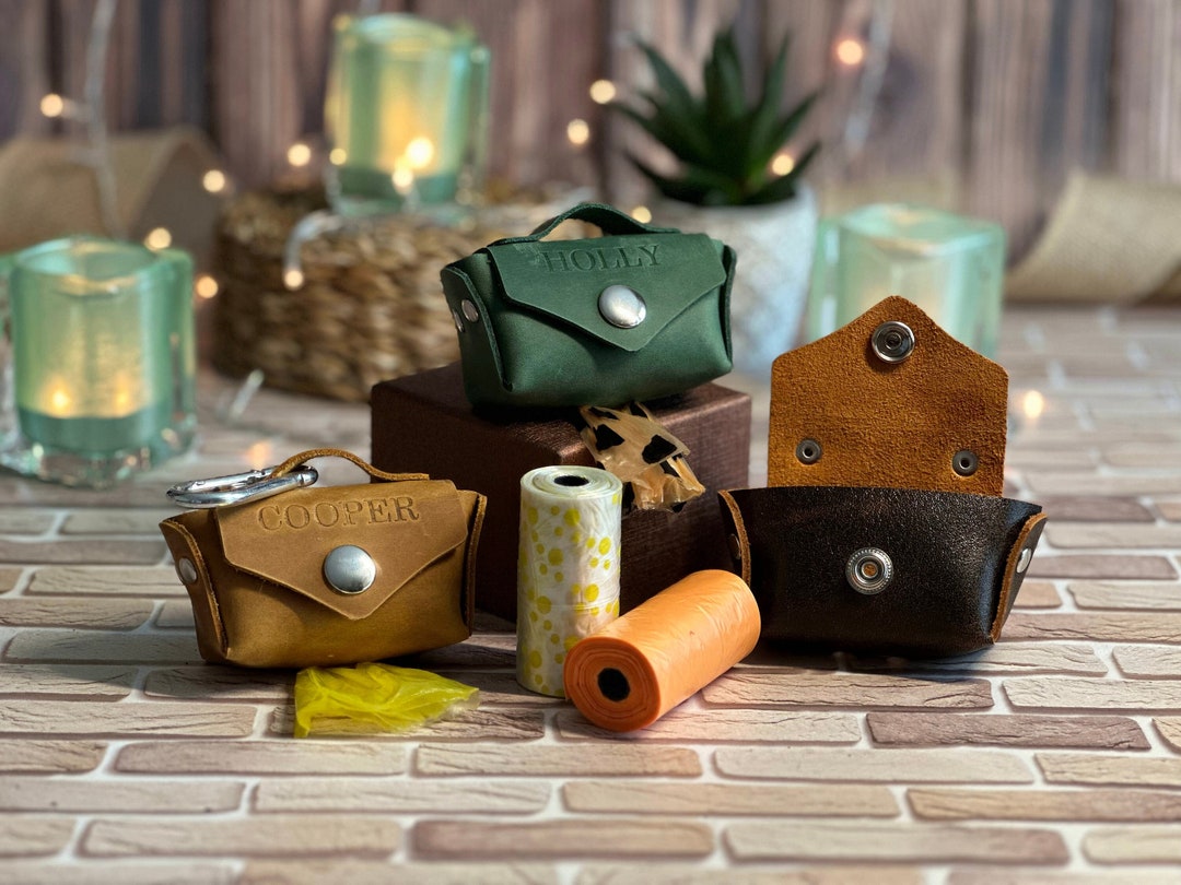 Personalized Leather Dog Poop Bag Holder, Waste Bag Dispenser, Dog Poop