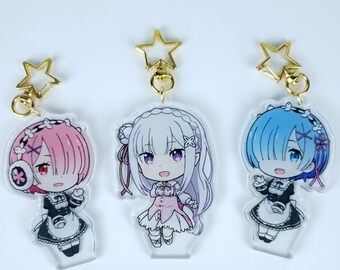 Rem /& Ram Re Zero Rem acrylic Keychain Key Ring Two faces Bag Keyring