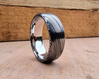 Damascus Steel Ring, Stainless Damascus Steel Wedding Band, High Contrast Black & Silver Ring, Monsoon Pattern with Polished Inside