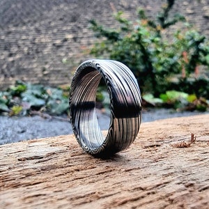 Damascus Steel Ring, Stainless Damascus Steel Wedding Band, 100% Stainless High Contrast Black & Silver Ring, Monsoon Pattern