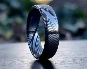 Damascus Steel Ring, Stainless Damascus Steel Wedding Band, 100% Stainless High Contrast Black & Silver Ring, Cosmos Pattern