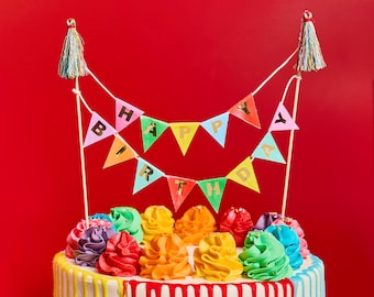 Happy Birthday Bunting Card Cake Topper & Thread Tassels
