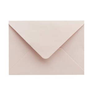 May include: A closed, light pink envelope against a white background. The envelope is rectangular with a triangular flap. The paper has a matte finish. The envelope is likely for invitations, cards, or letters.