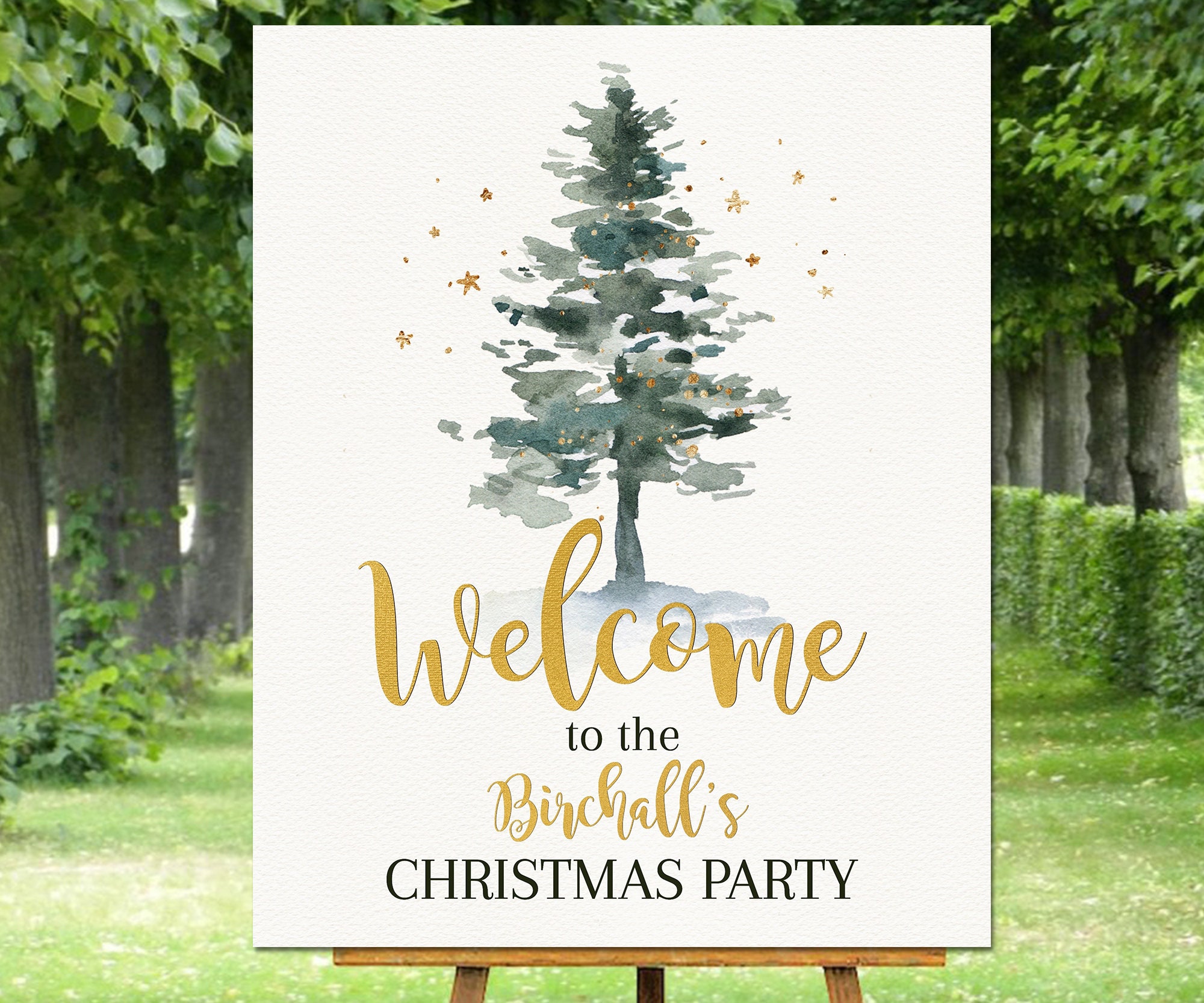 Christmas Party Welcome Sign Holiday Family New Year Party Decoration Christmas Tree Gold Green