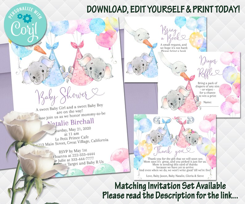 Twins Baby Shower Invitation Template Elephant Gender Reveal Invite