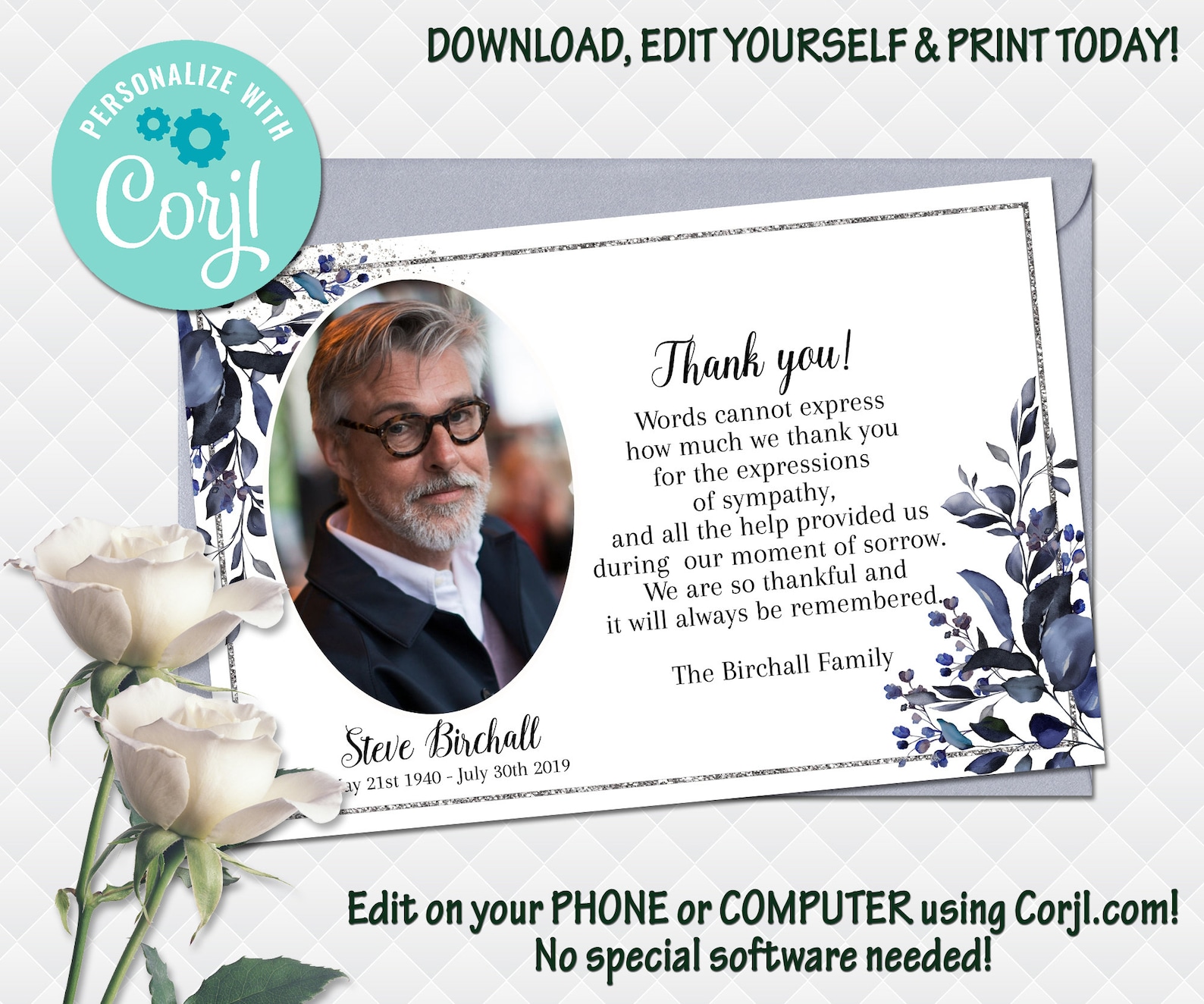 Funeral Thank You Card Memorial Service Photo Thank You Template Celebration of Life Greenery