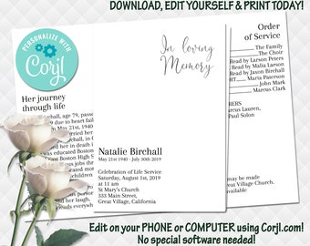 Funeral program Memorial Service program Template Celebration of Life In loving Memory Obituary white black Printable minimal program