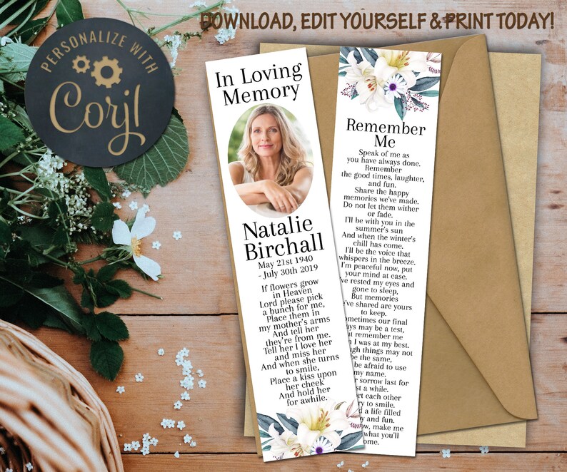 Funeral Bookmark Lilies Memorial Service Bookmark Celebration Etsy