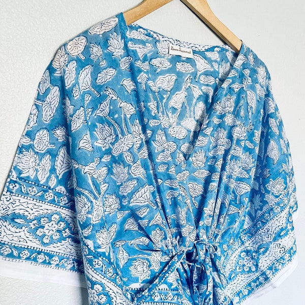 White Kaftan with Light Blue Floral Embroidery